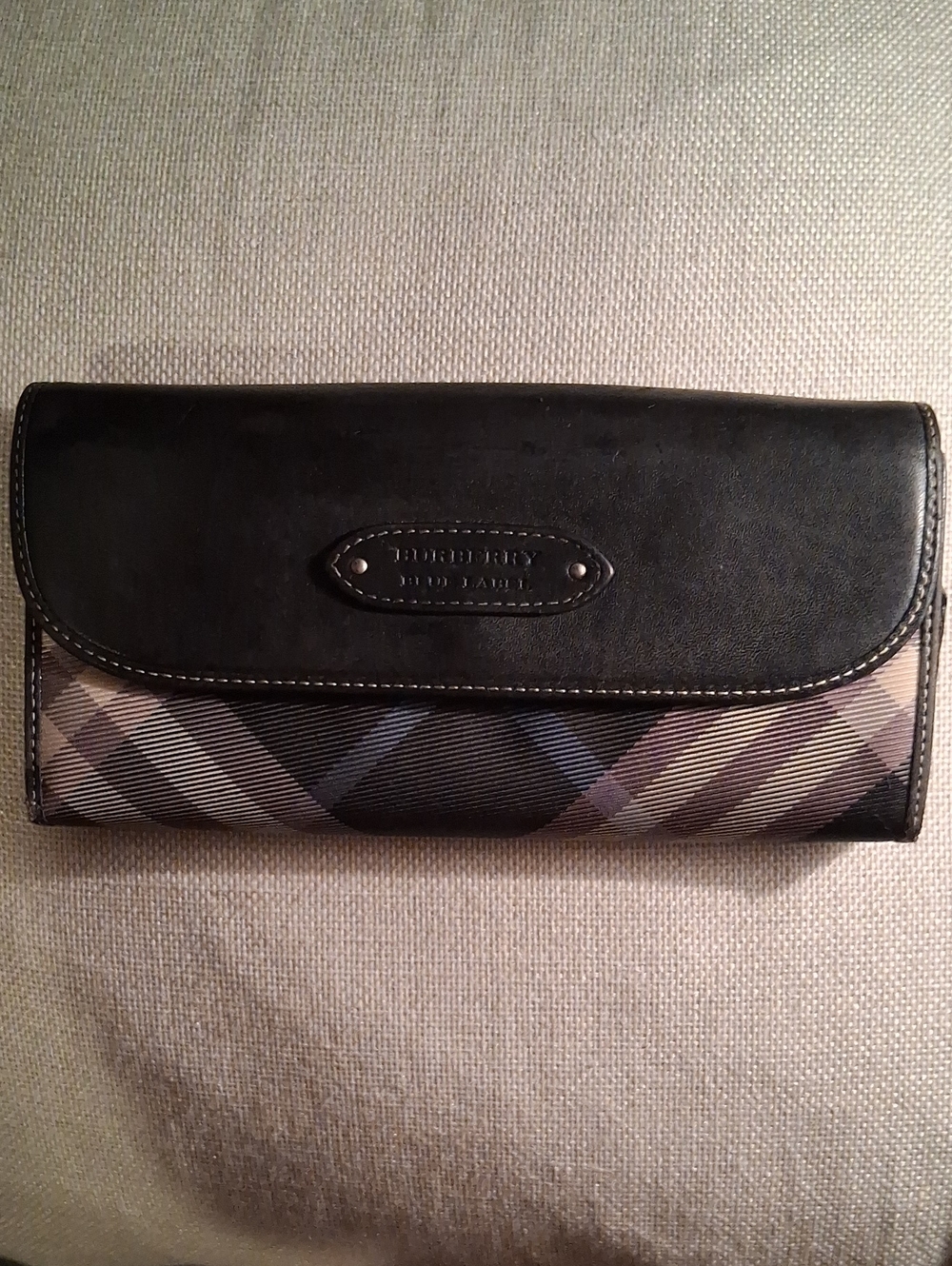 Burberry Black Leather & Taupe Plaid Long Wallet